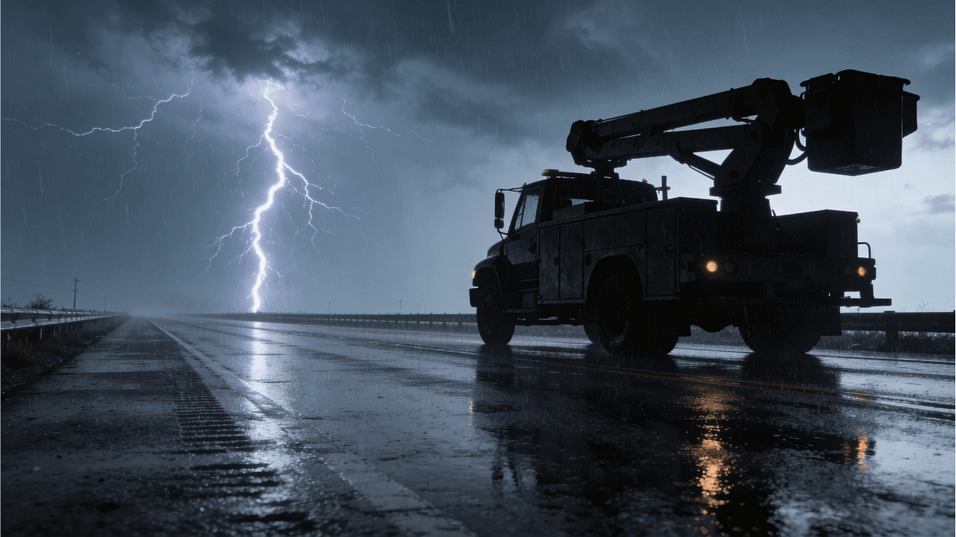Bucket truck on a storm-darkened highway, lightning striking ahead